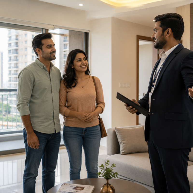 Indian real estate agent showing a modern apartment to a couple in Kandivali, Mumbai during a property visit.
